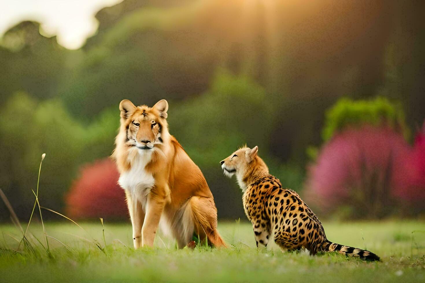 a leopard and a cheetah are sitting on the grass. AI-Generated photo
