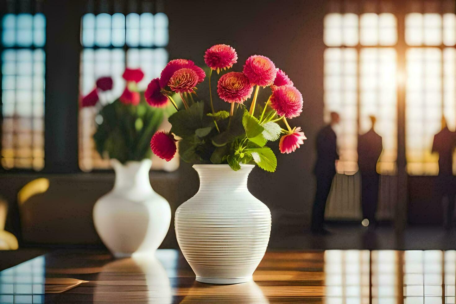 two vases with pink flowers on a table. AI-Generated photo