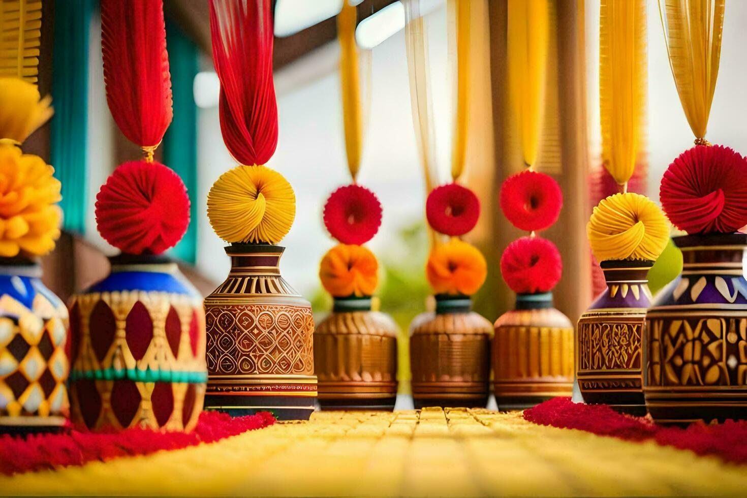 a table with colorful vases and red and yellow ribbons. AI-Generated photo