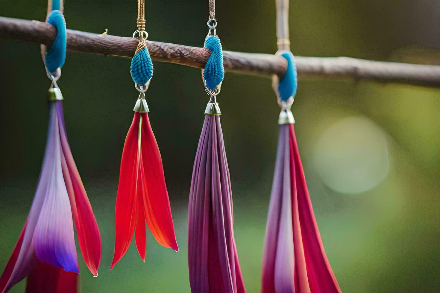 vistoso plumas colgando desde un rama. generado por ai foto