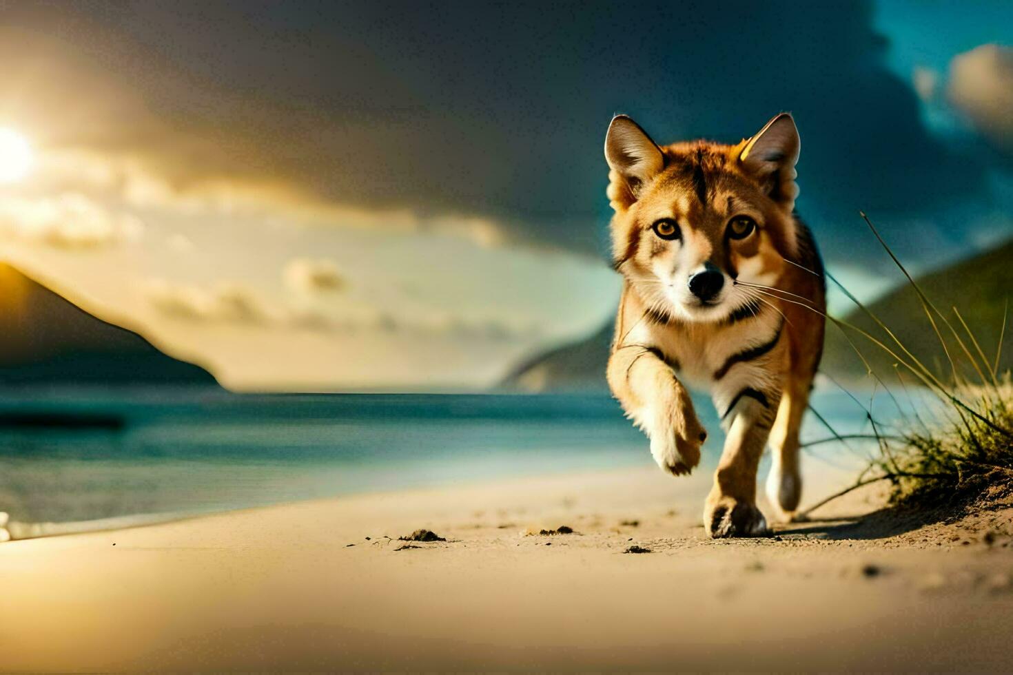 a dog running on the beach at sunset. AI-Generated photo