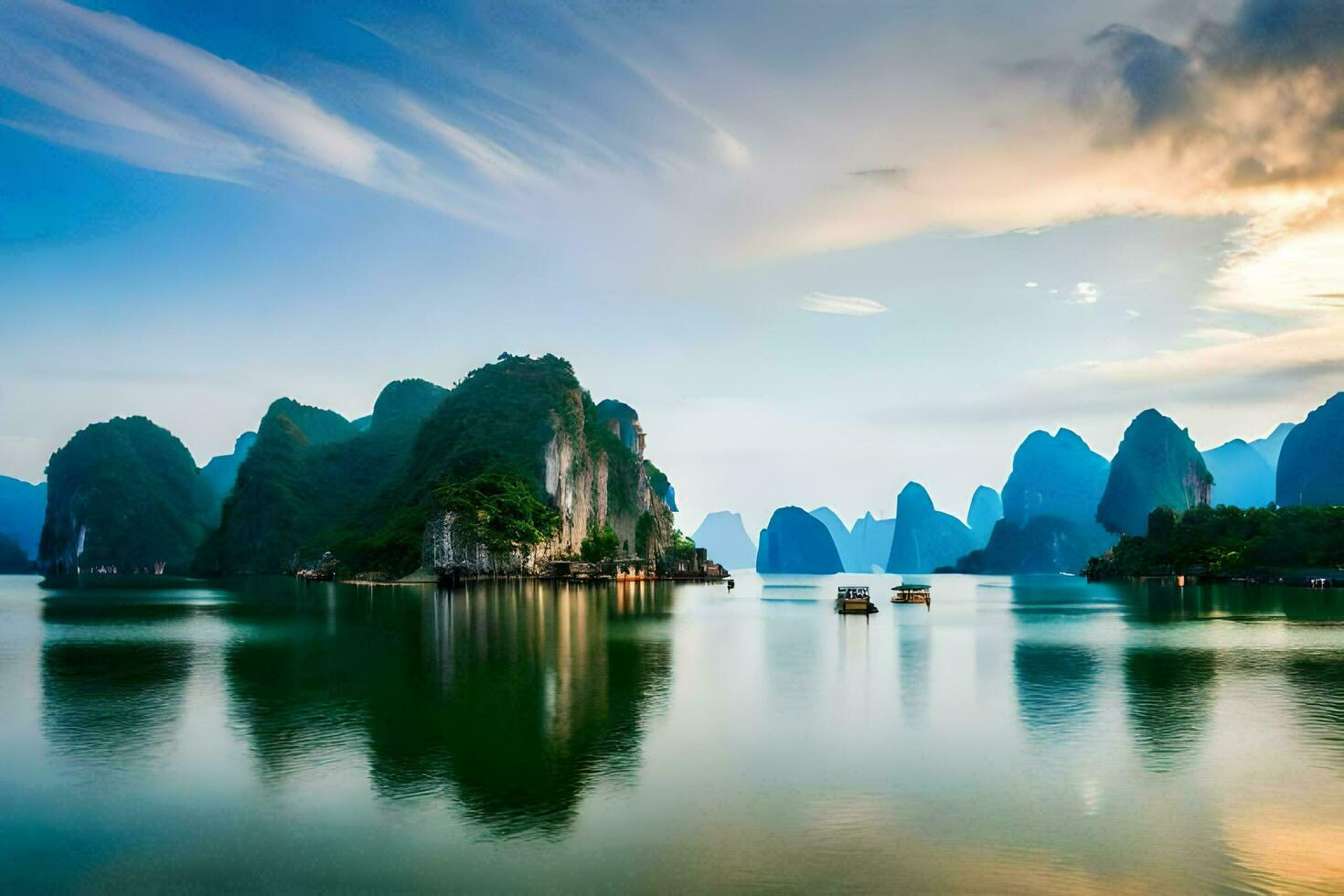 the sun sets over the mountains in halong bay, vietnam. AI-Generated photo