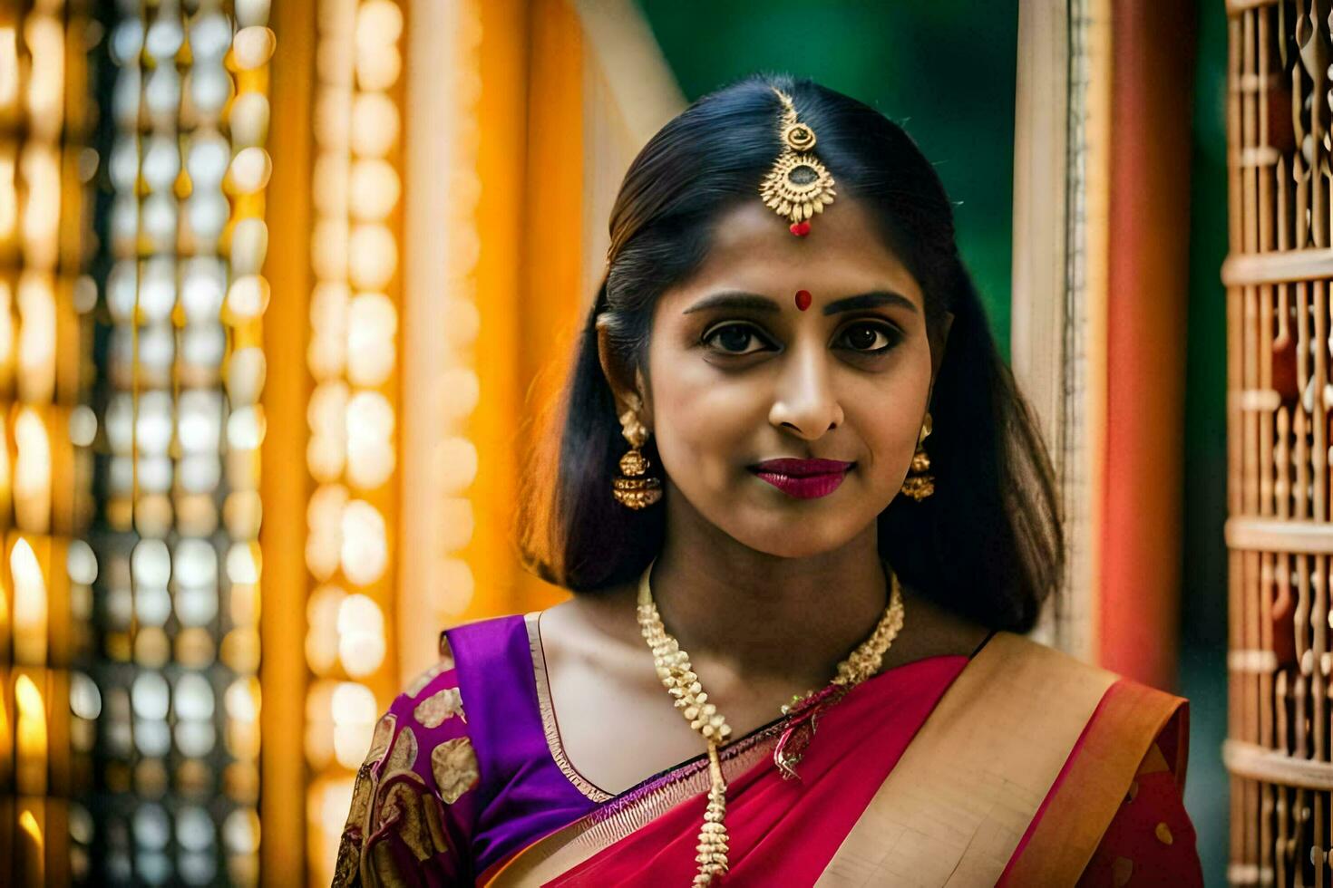 a beautiful indian bride in a traditional sari. AI-Generated photo