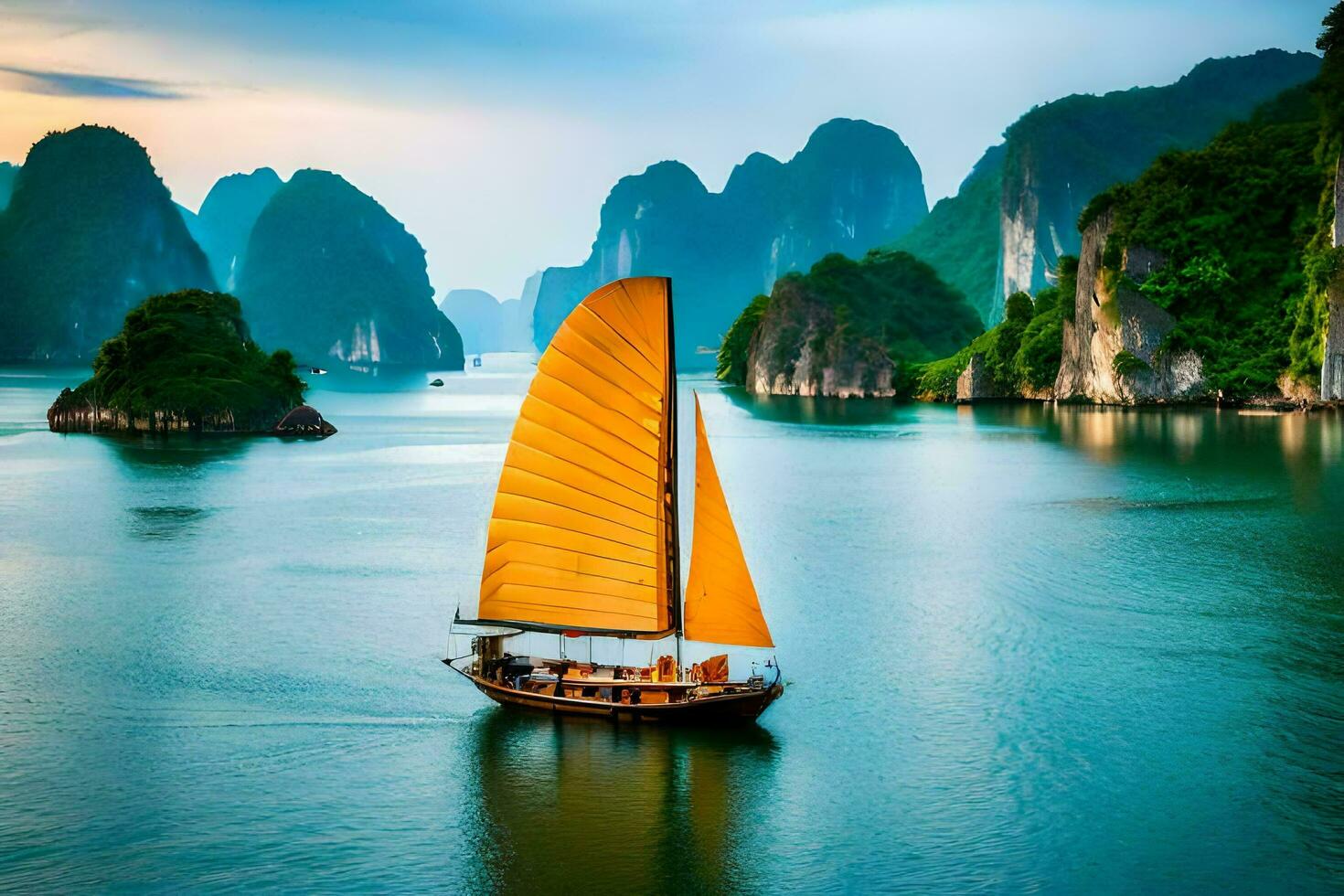 a boat with a yellow sail in the water. AI-Generated photo