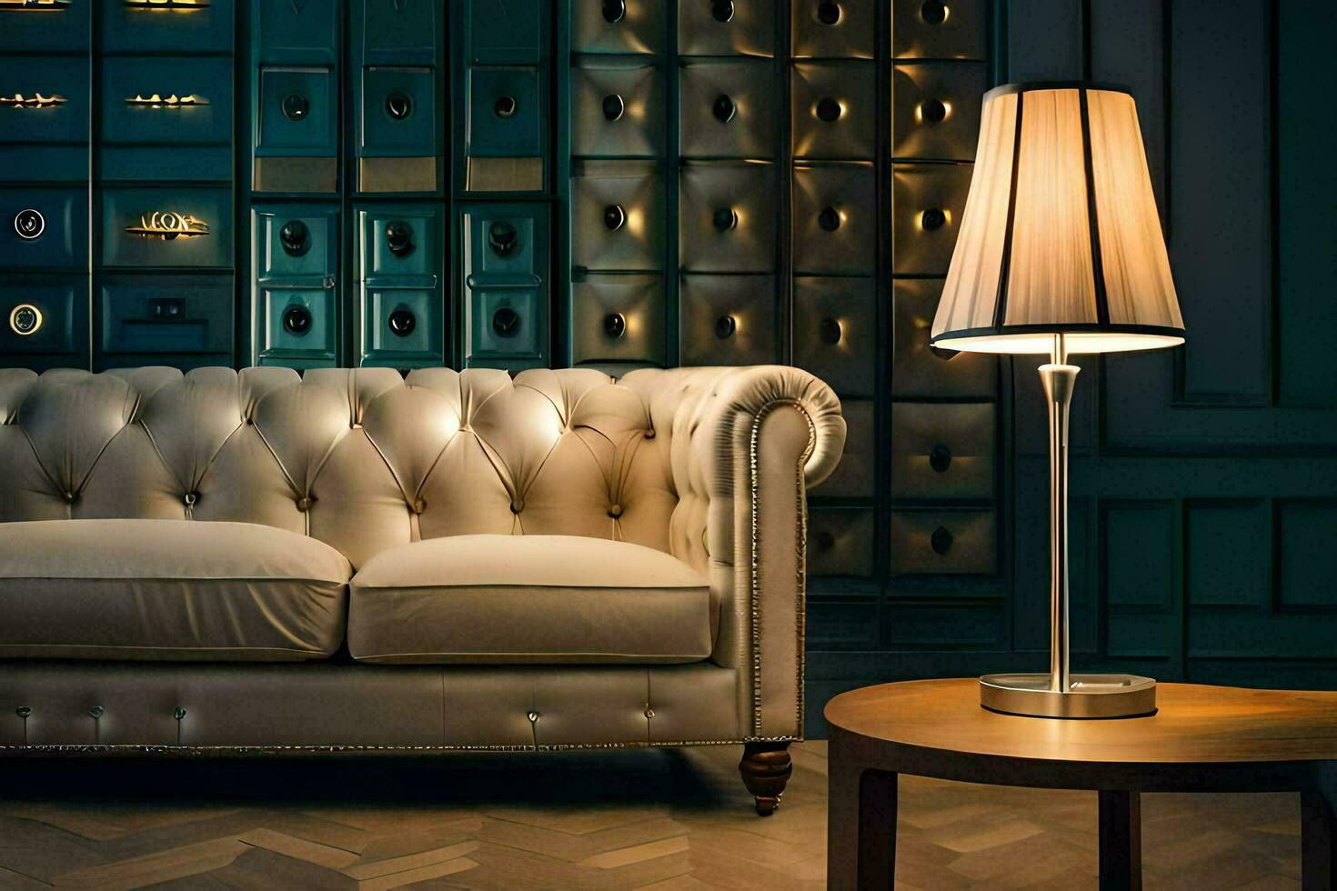 a leather couch and lamp in a room. AI-Generated photo