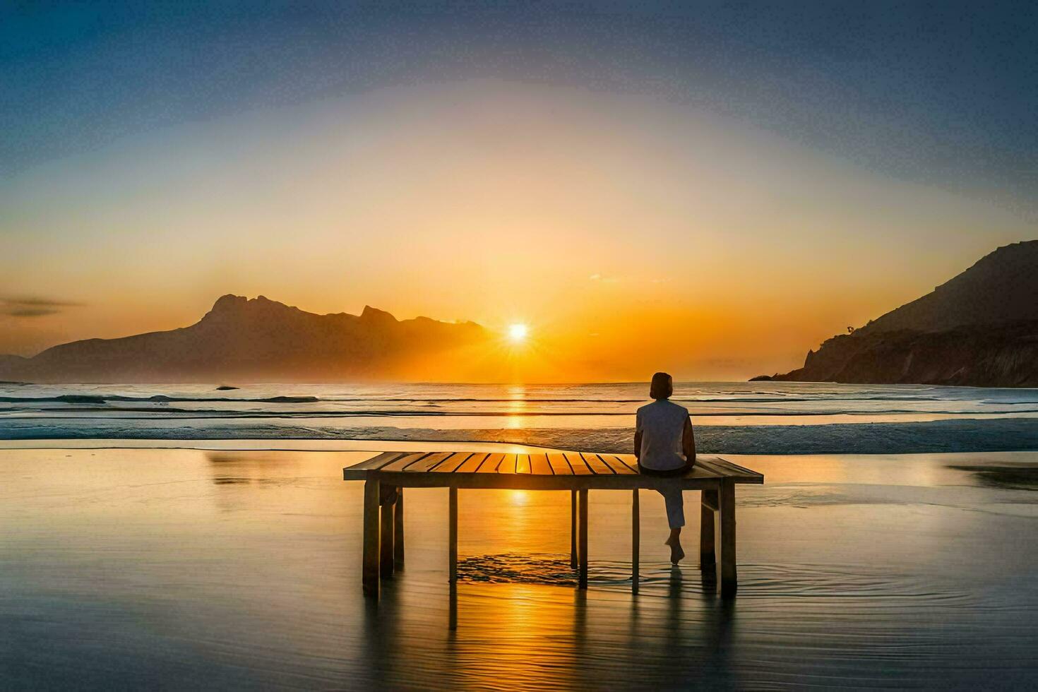 a man sits on a wooden bench at sunset on the beach. AI-Generated photo