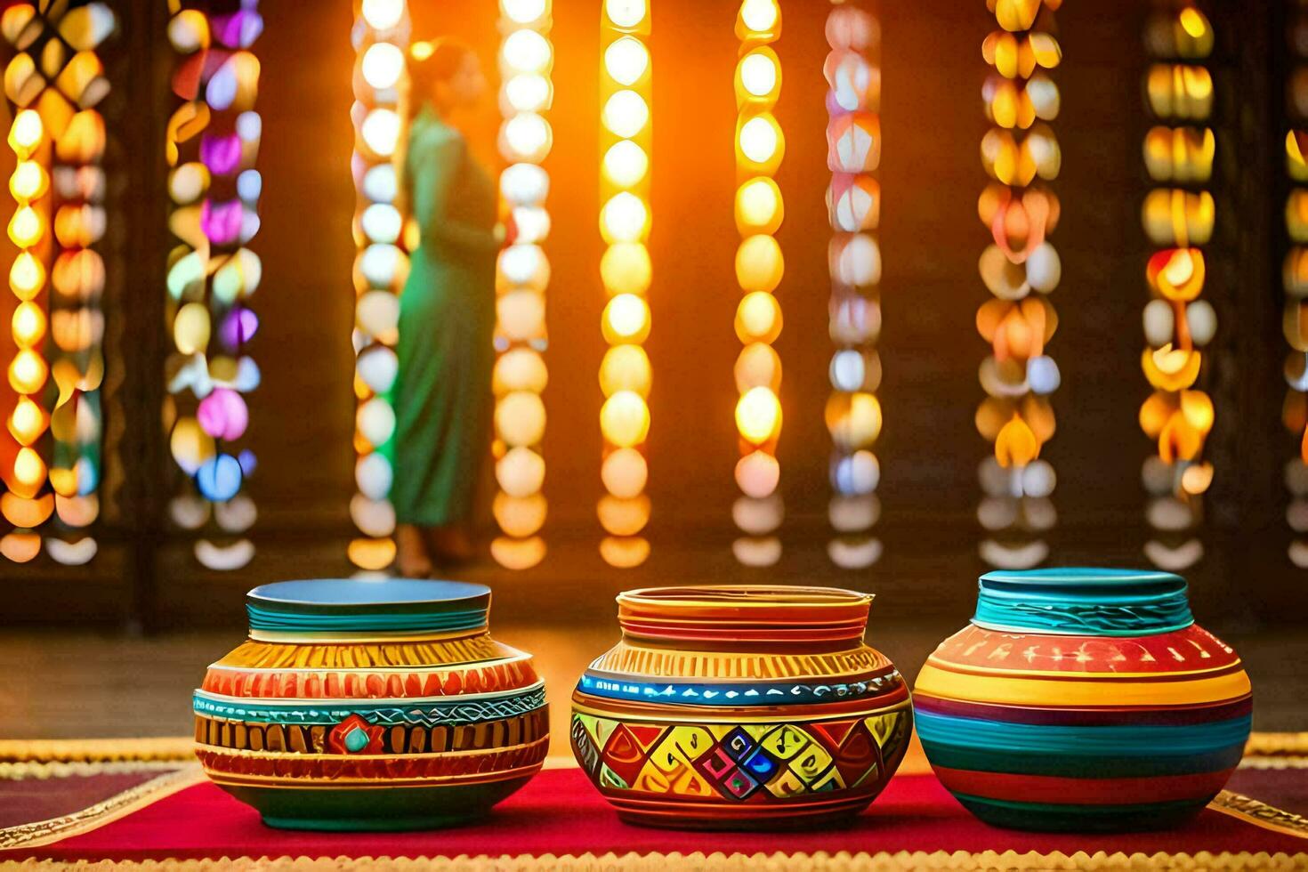 three colorful pots on a table in front of a woman. AI-Generated photo