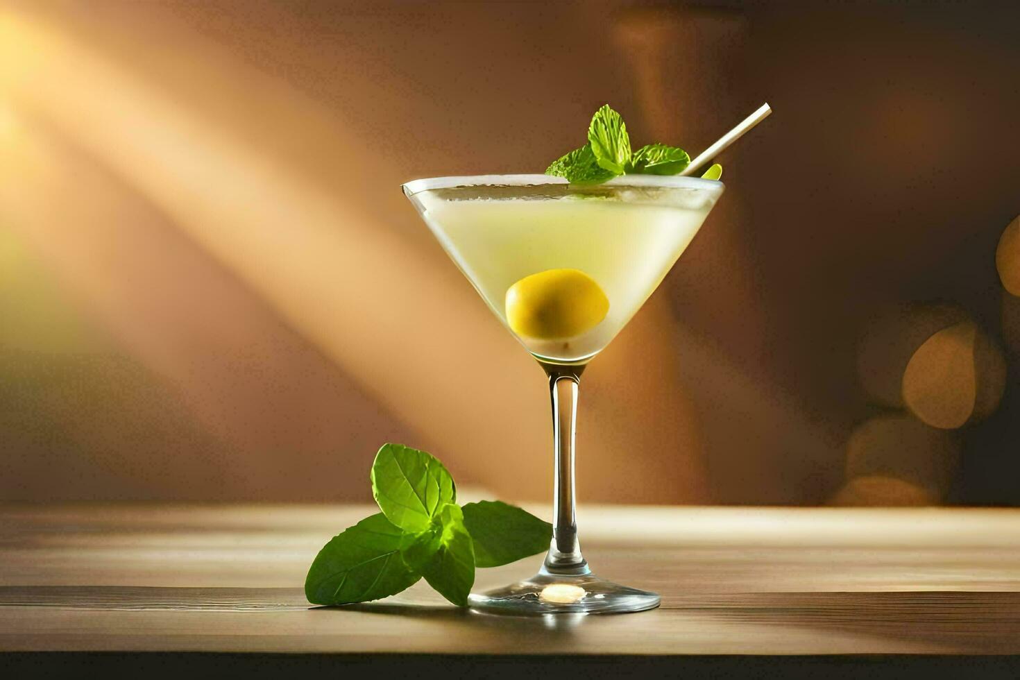 a martini with lemon and mint on a wooden table. AI-Generated photo