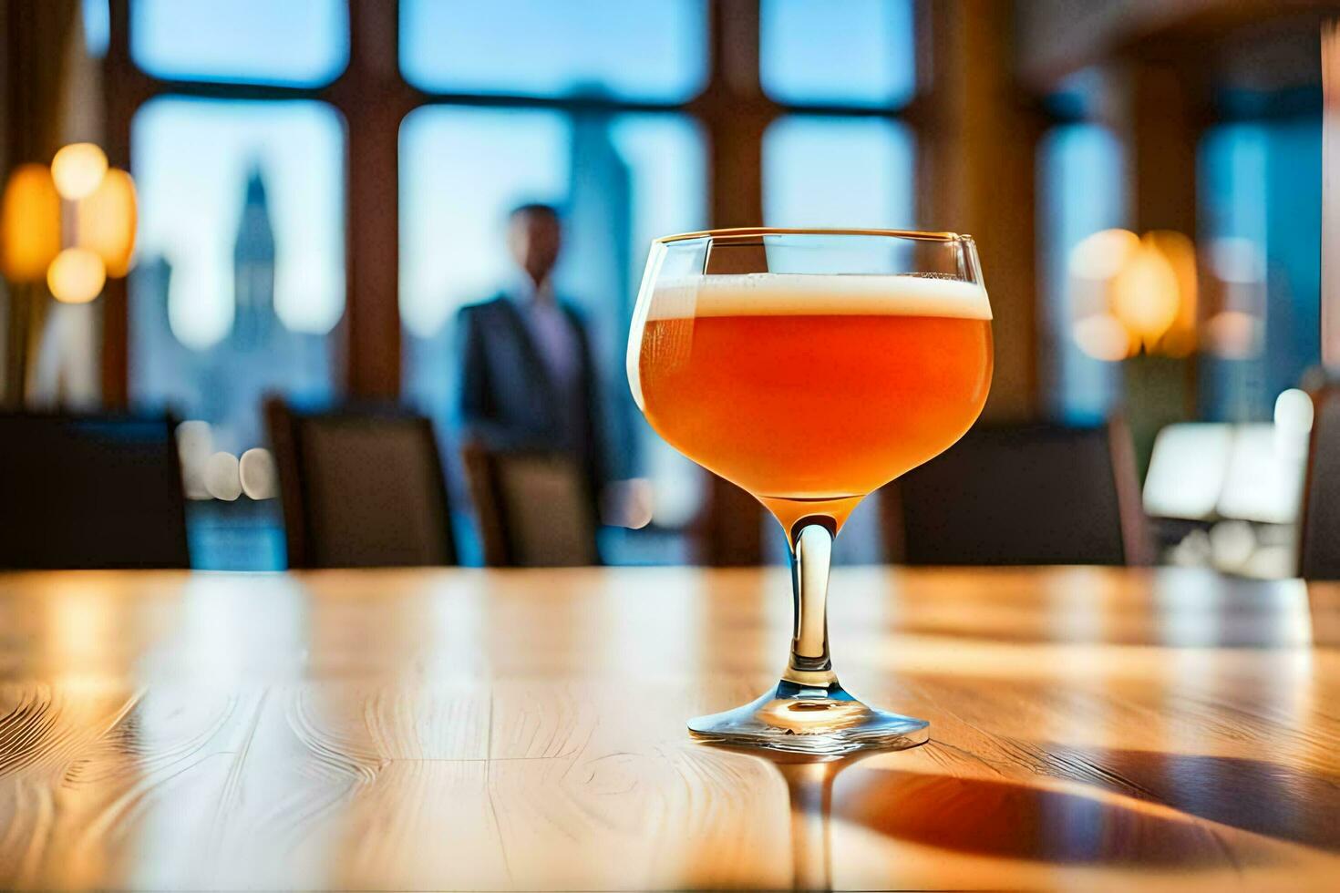 un vaso de cerveza sentado en un mesa en frente de un paisaje urbano generado por ai foto