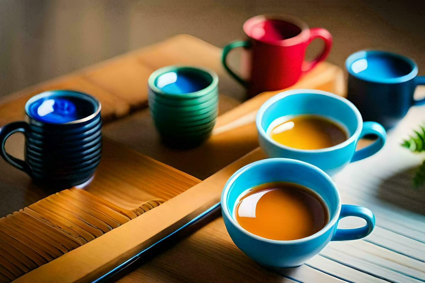 colorful cups of coffee sit on a wooden tray. AI-Generated photo