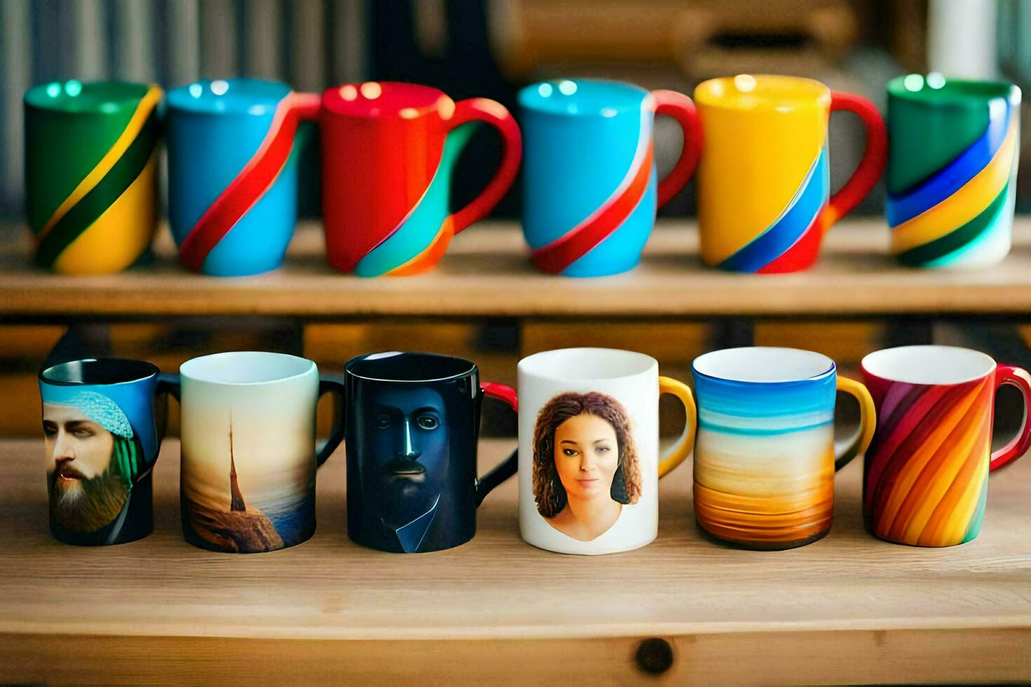 a row of colorful mugs with pictures of people on them. AI-Generated photo