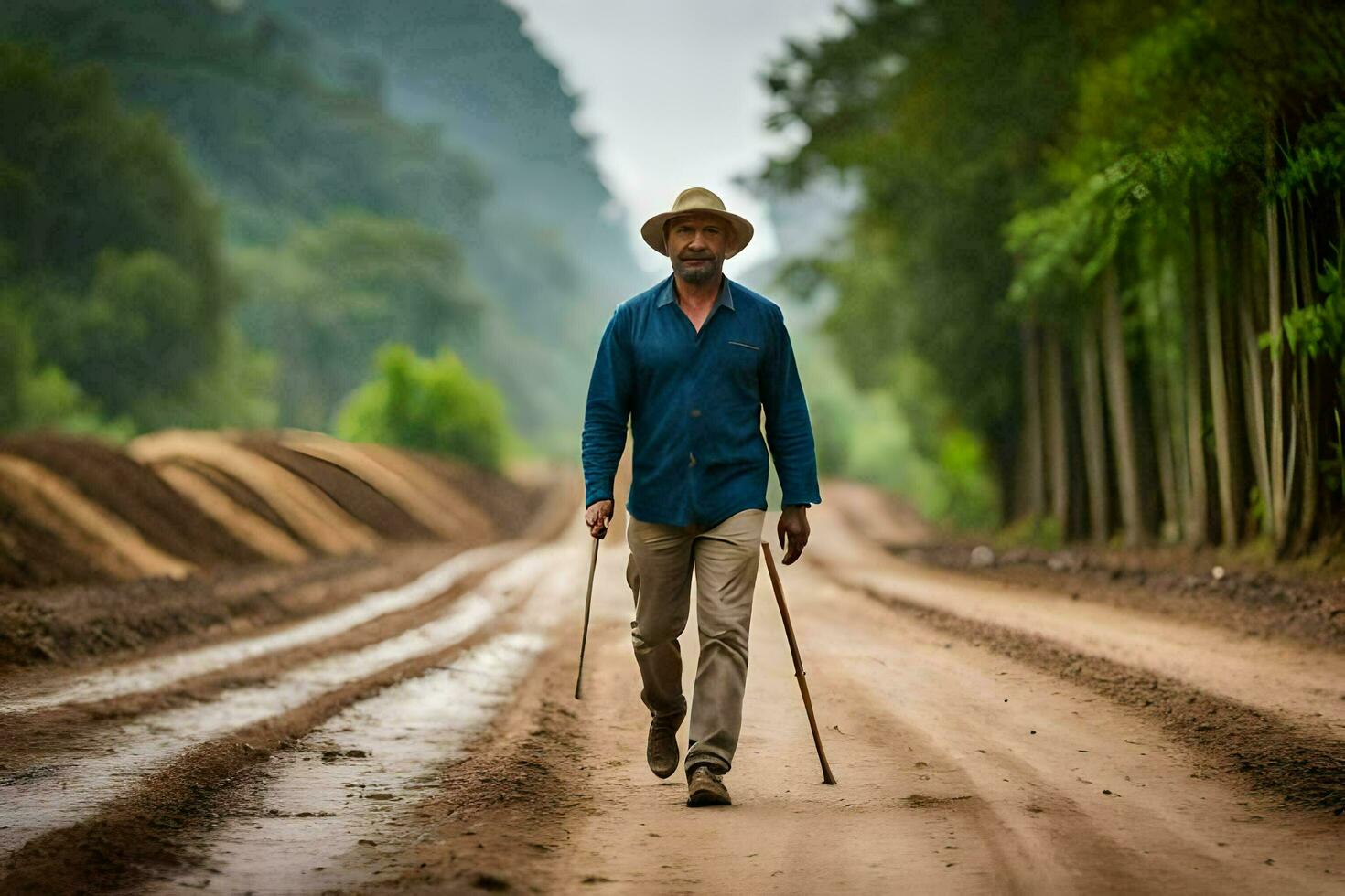 un hombre caminando abajo un suciedad la carretera con un caña. generado por ai foto