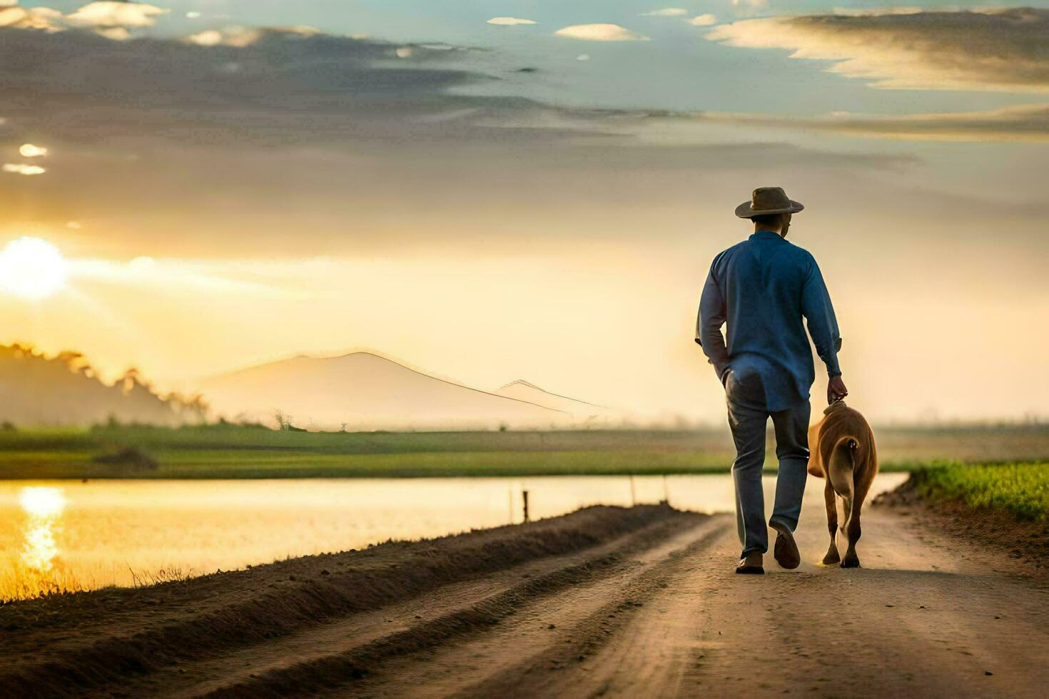 a man walking his dog along a dirt road at sunset. AI-Generated photo