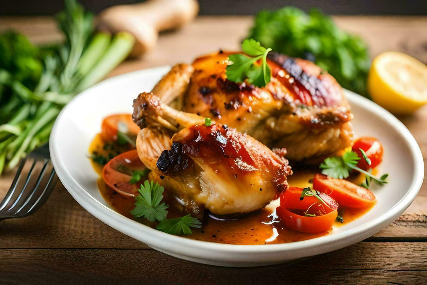 un plato de pollo con Tomates y hierbas. generado por ai foto