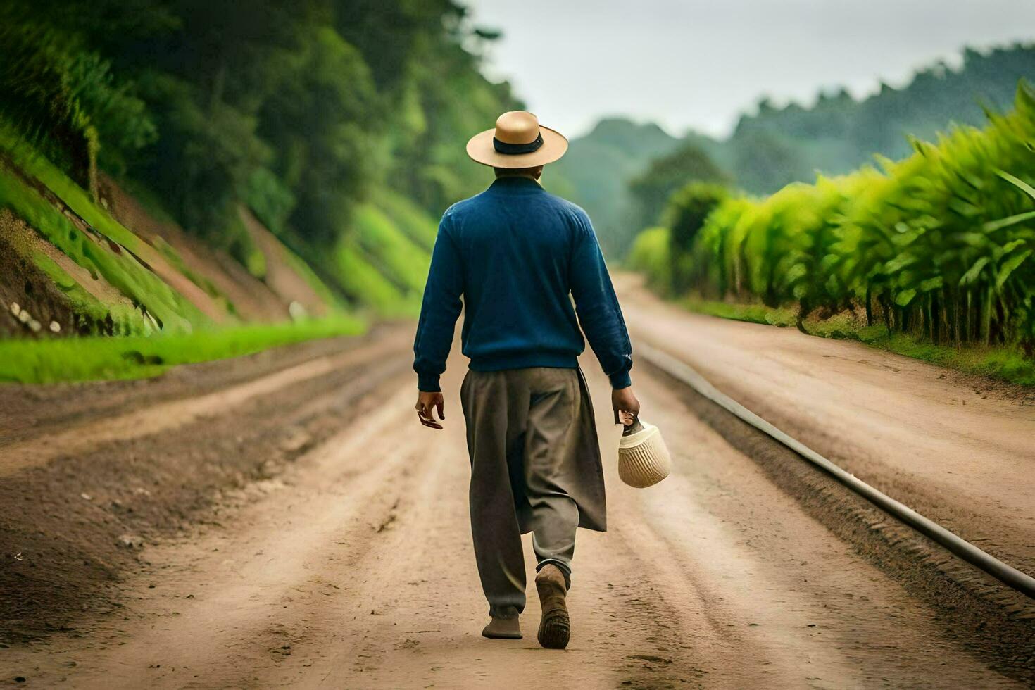 a man walking down a dirt road with a hat on. AI-Generated photo