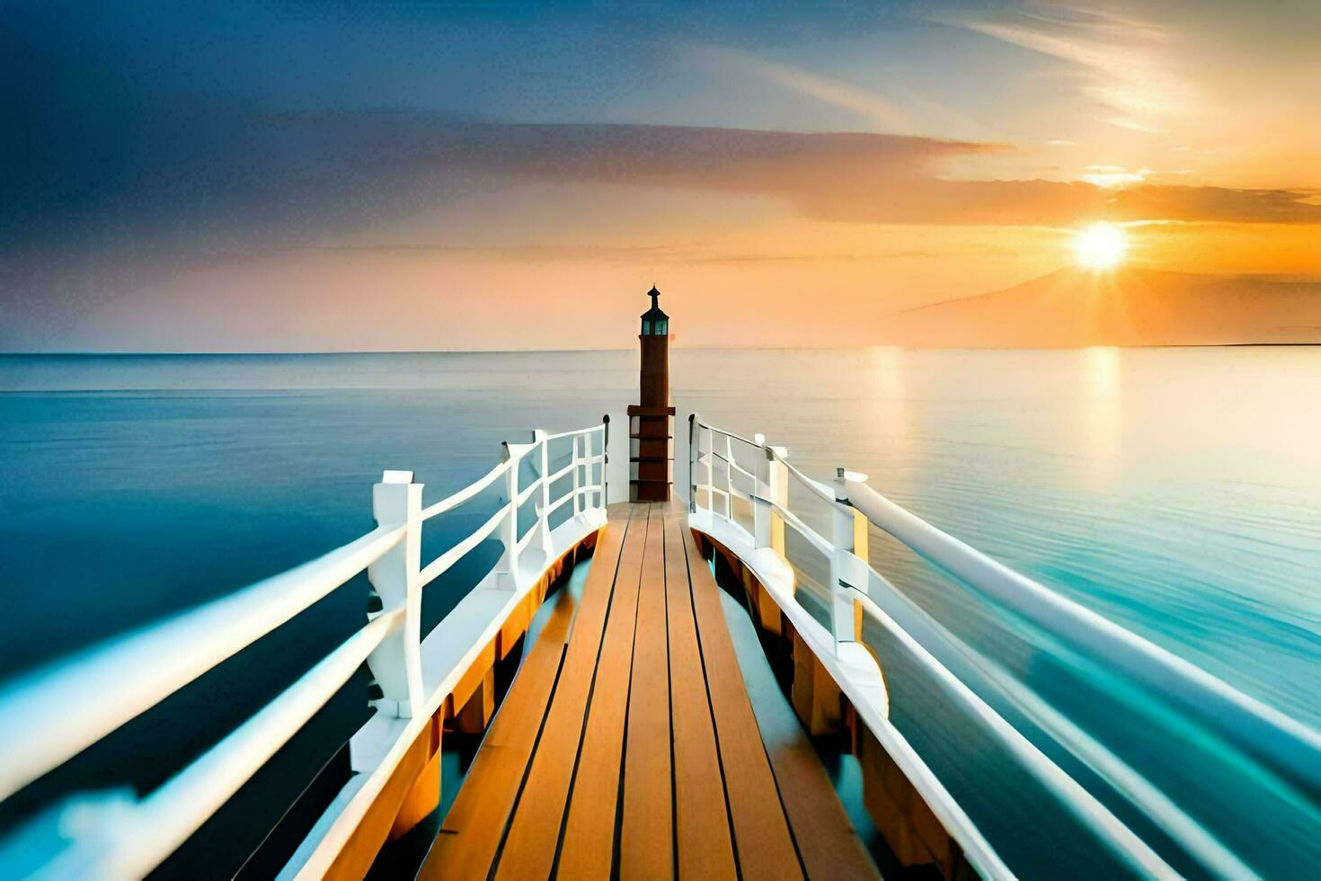 a wooden dock leading to the ocean at sunset. AI-Generated photo