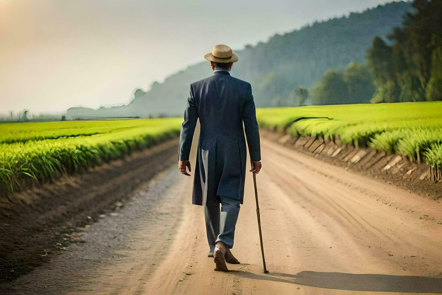 a man in a suit and hat walking down a dirt road. AI-Generated photo