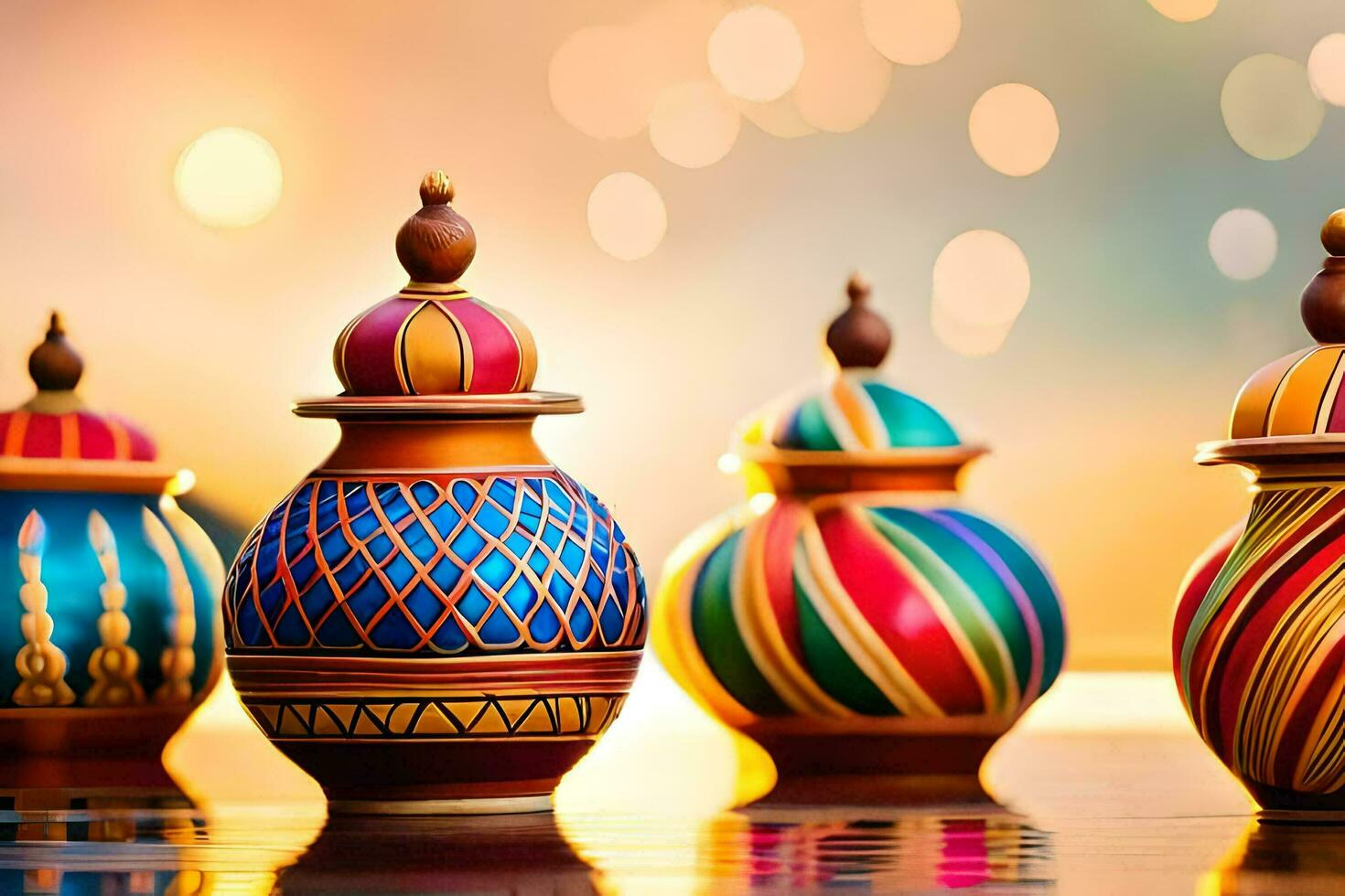 colorful pottery vases on a table with a bright background. AI-Generated photo