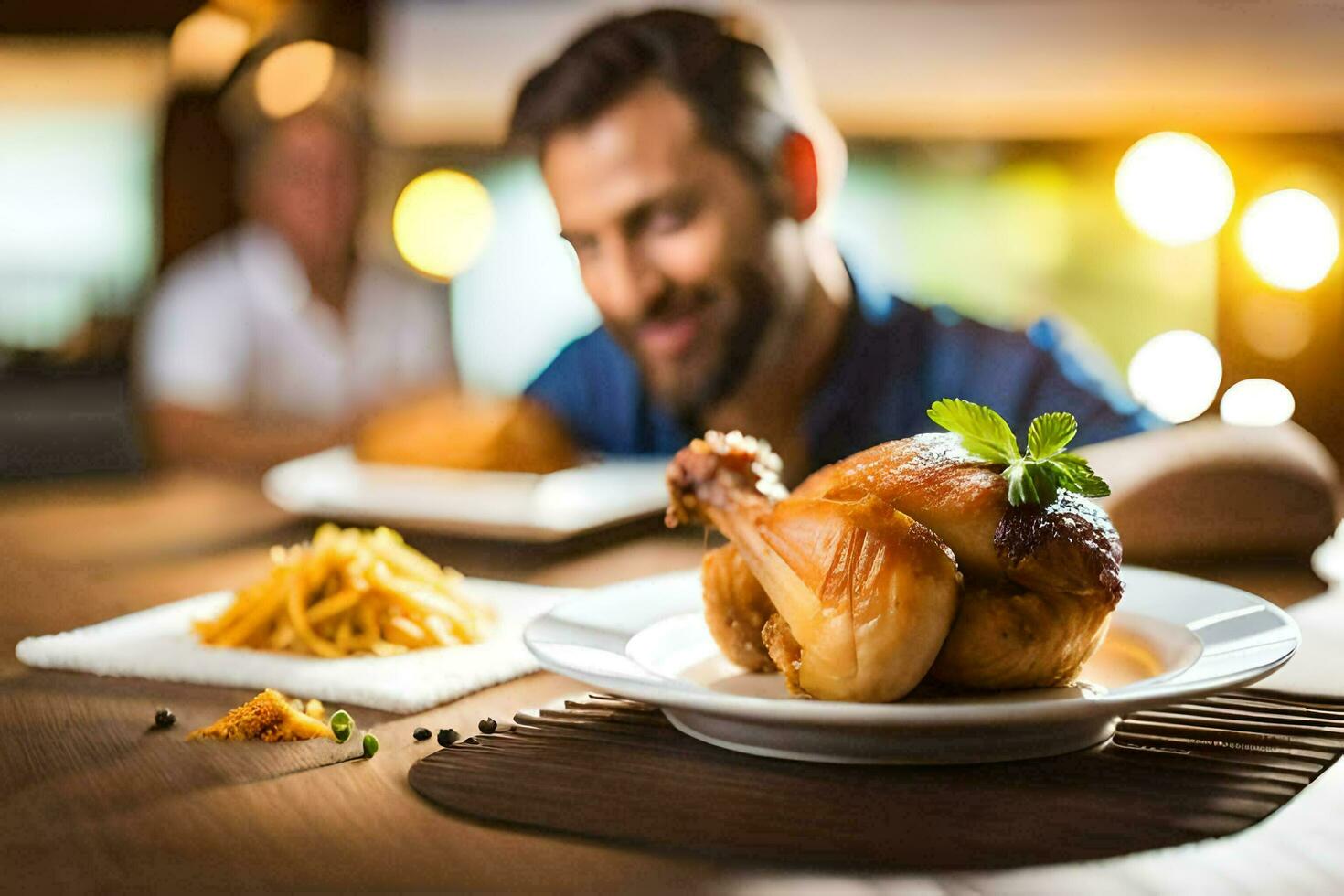 un hombre es sentado a un mesa con un pollo en él. generado por ai foto