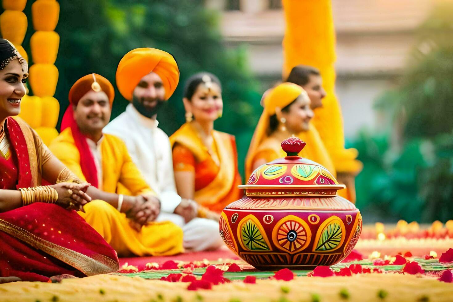 indian wedding ceremony with bride and groom sitting on the ground. AI-Generated photo