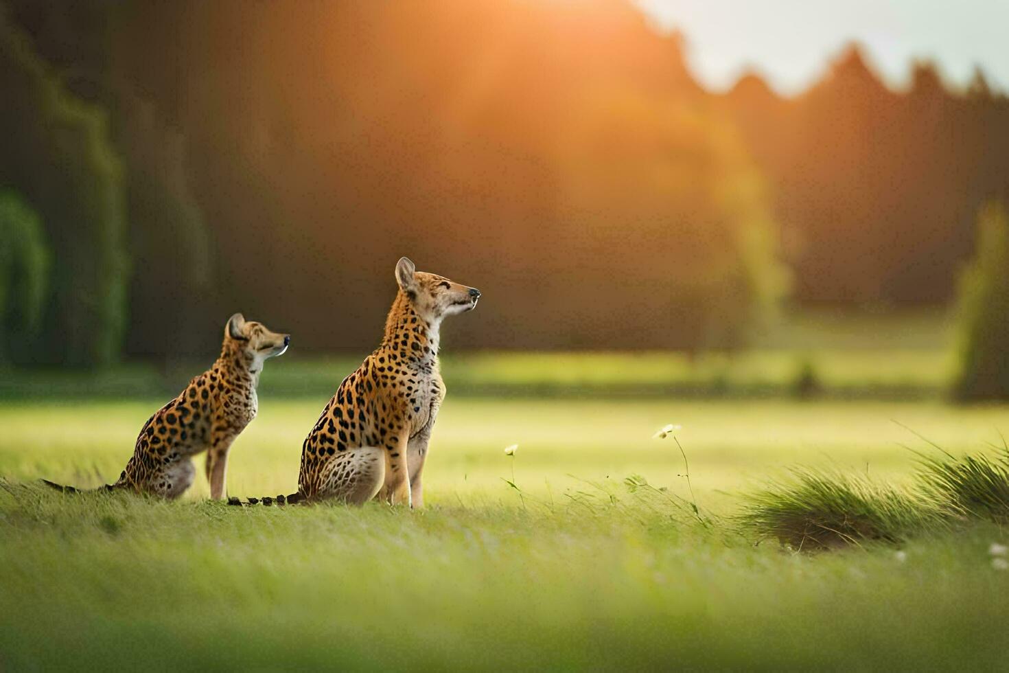 two cheetahs sitting on the grass in the middle of a field. AI-Generated photo