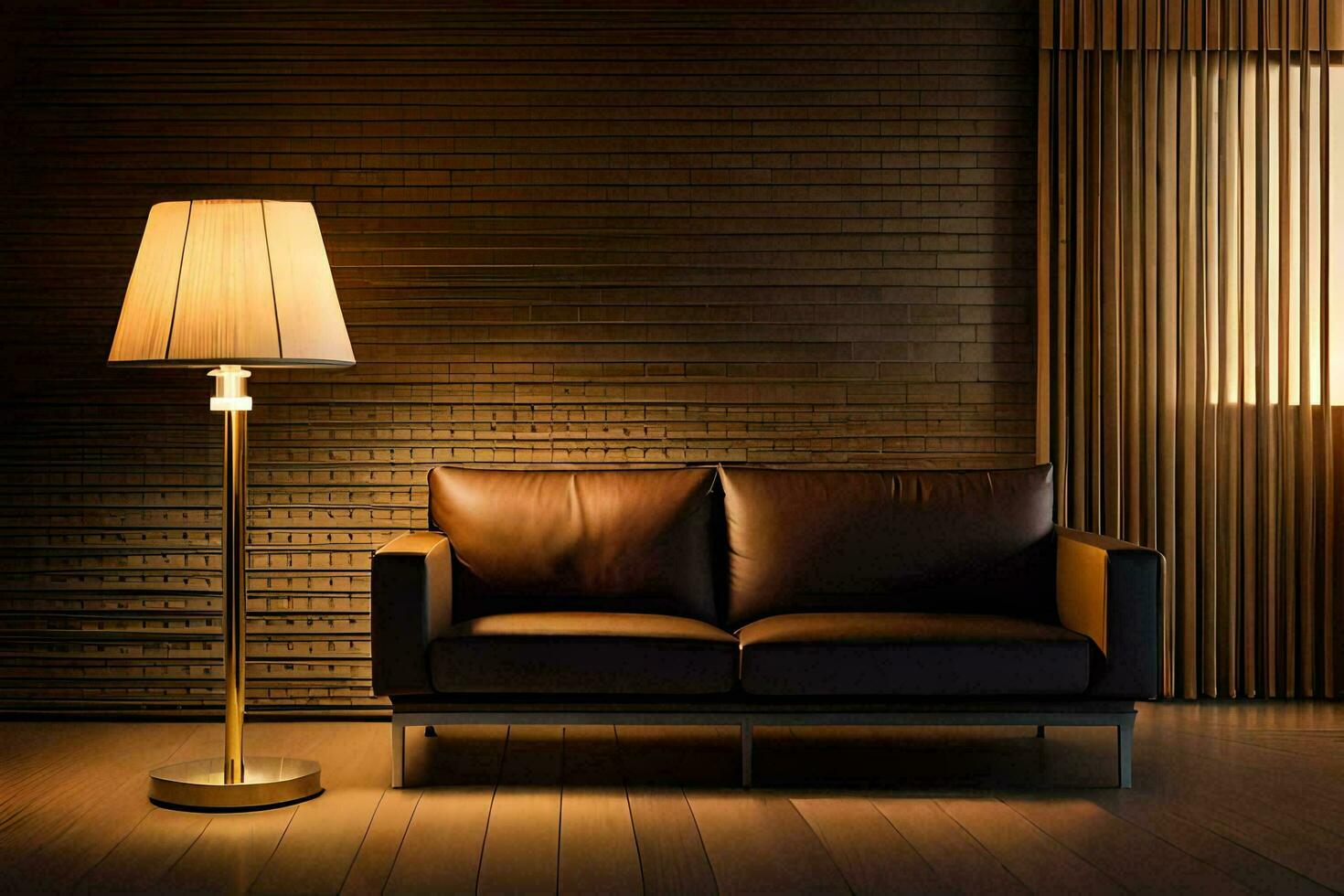 a dark room with a leather couch and lamp. AI-Generated photo