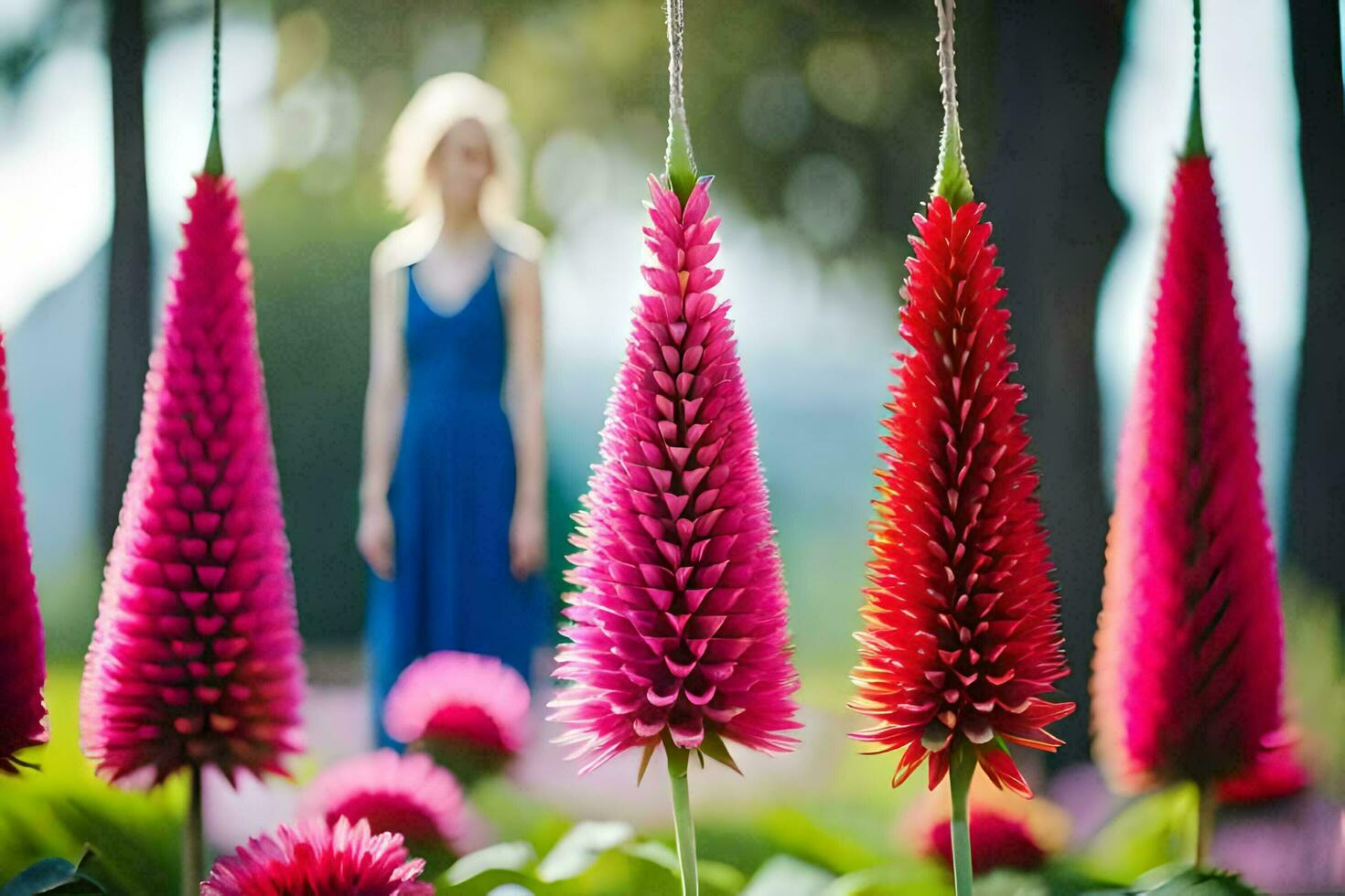 un mujer en pie en frente de rosado flores generado por ai foto