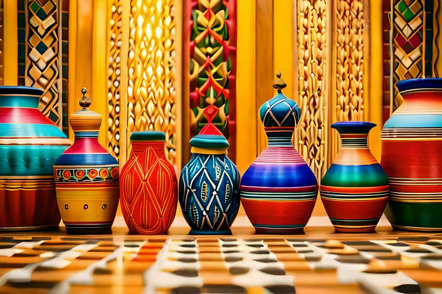 colorful vases are lined up on a table. AI-Generated photo