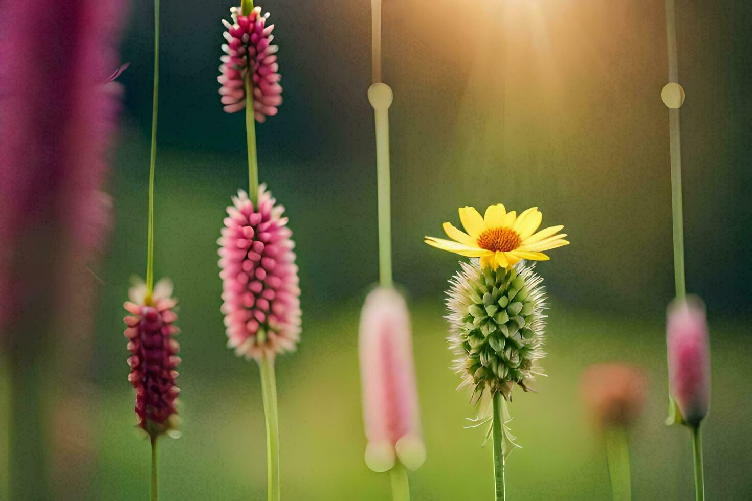 a field of flowers with the sun shining through. AI-Generated photo