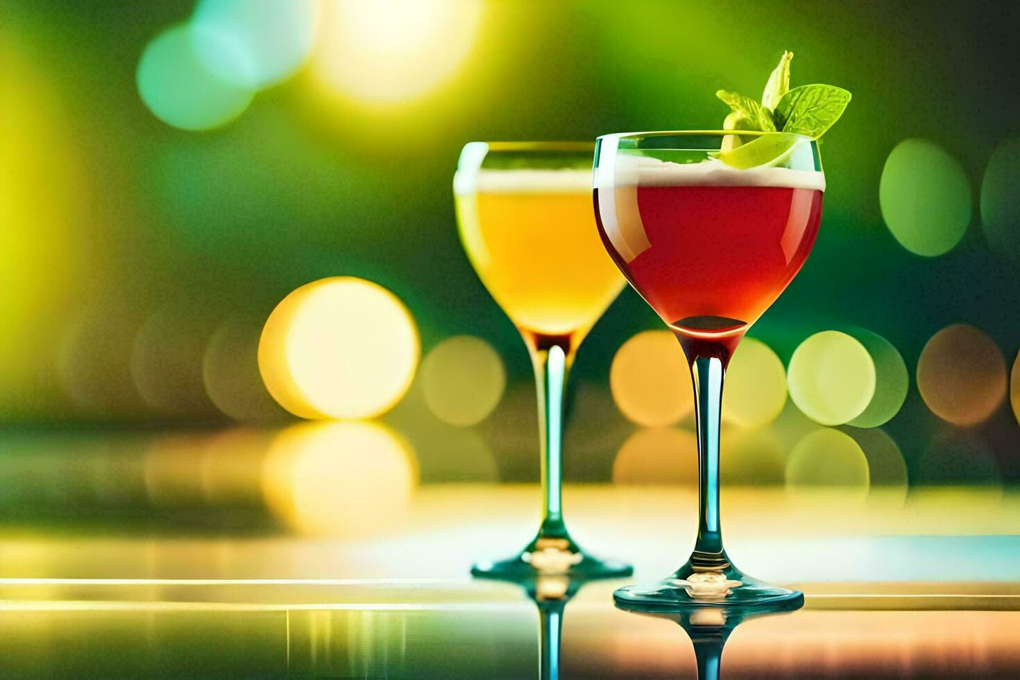 two glasses of alcohol with a green leaf on top. AI-Generated photo