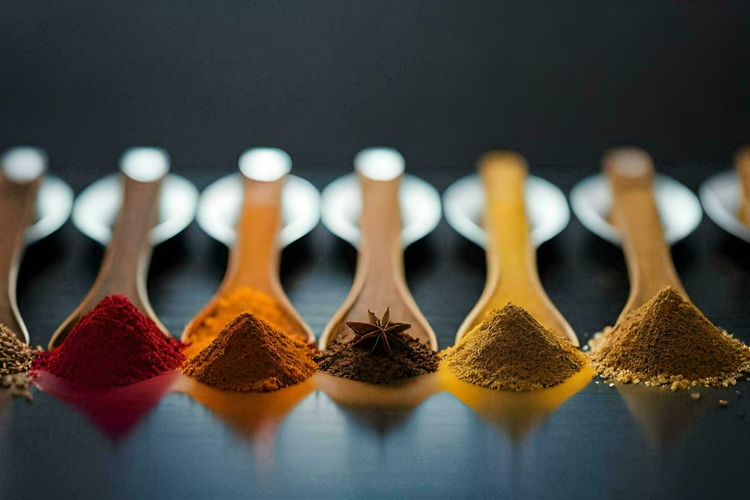 spoons with different spices on them. AI-Generated photo