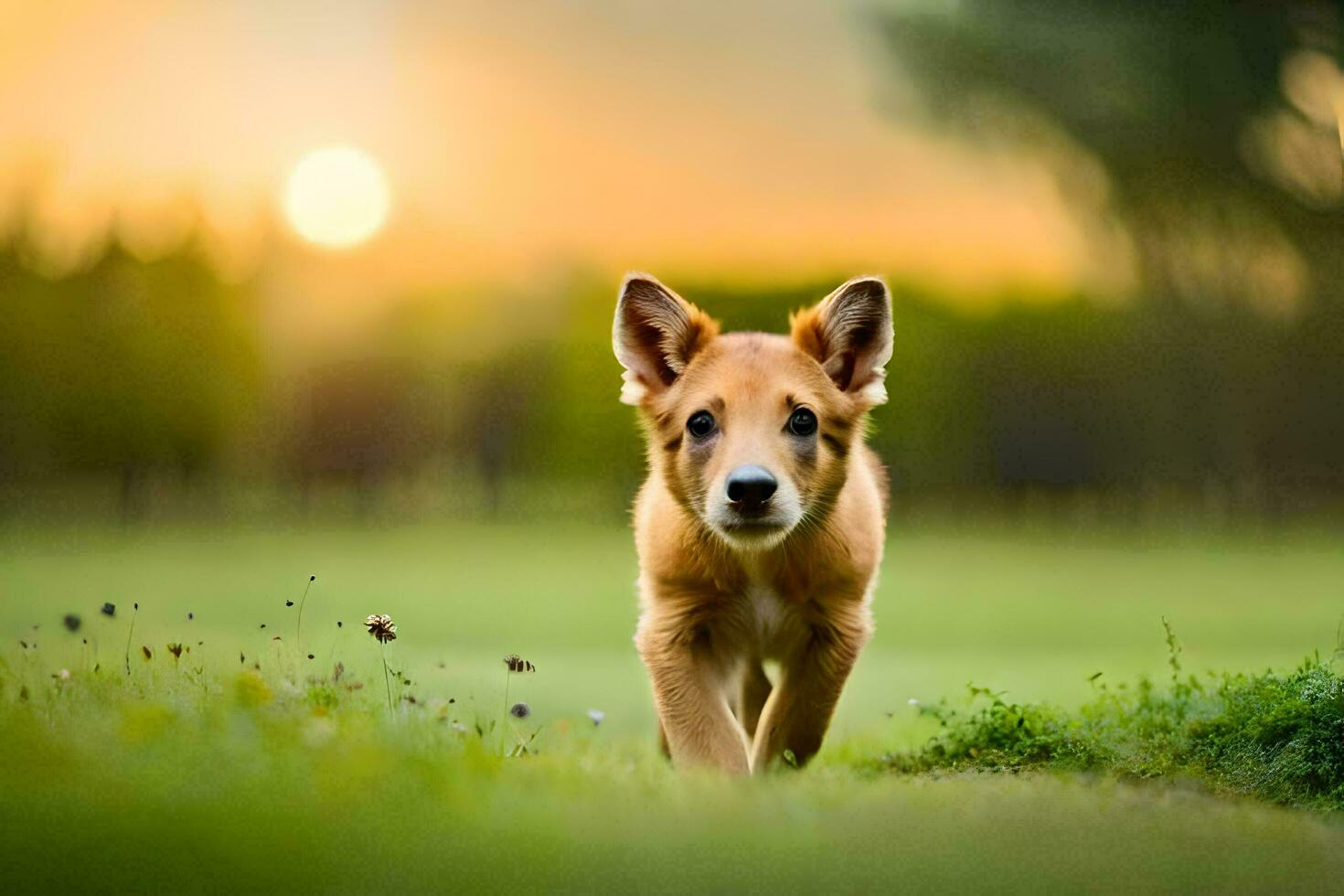 a puppy running through a field at sunset. AI-Generated photo