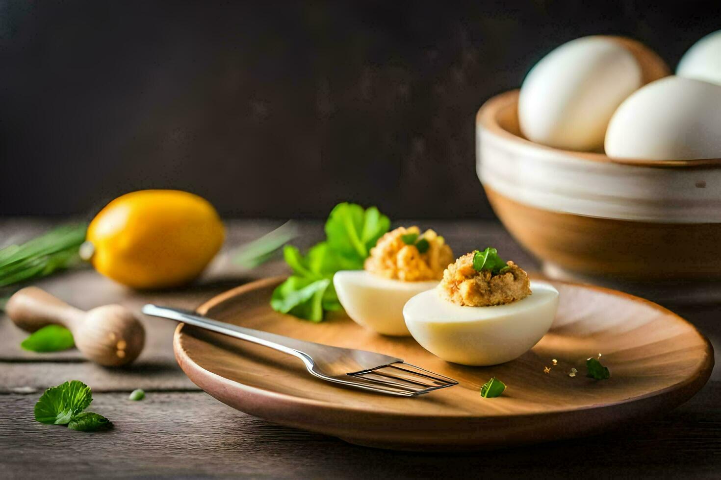 muy condimentado huevos en un de madera plato con un tenedor. generado por ai foto