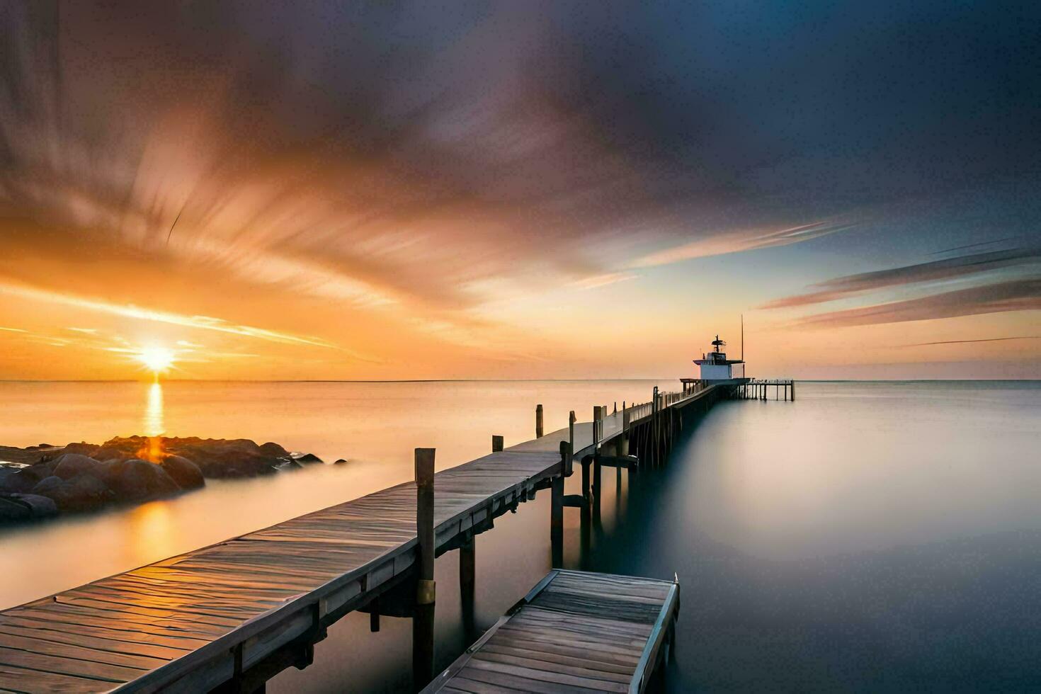 a long exposure photograph of a dock at sunset. AI-Generated photo