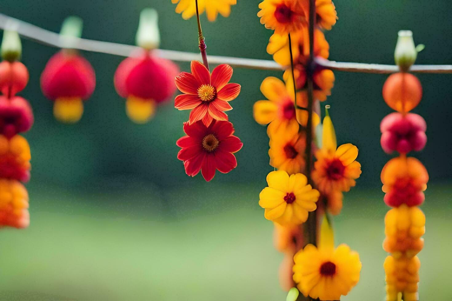 colorful flowers hanging from a wire. AI-Generated photo