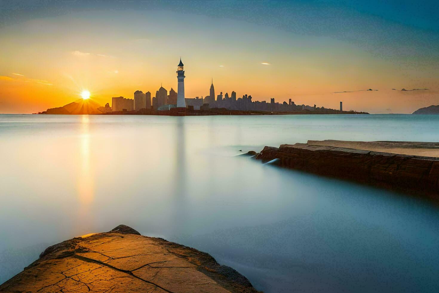 the sun sets over a city skyline and lighthouse. AI-Generated photo