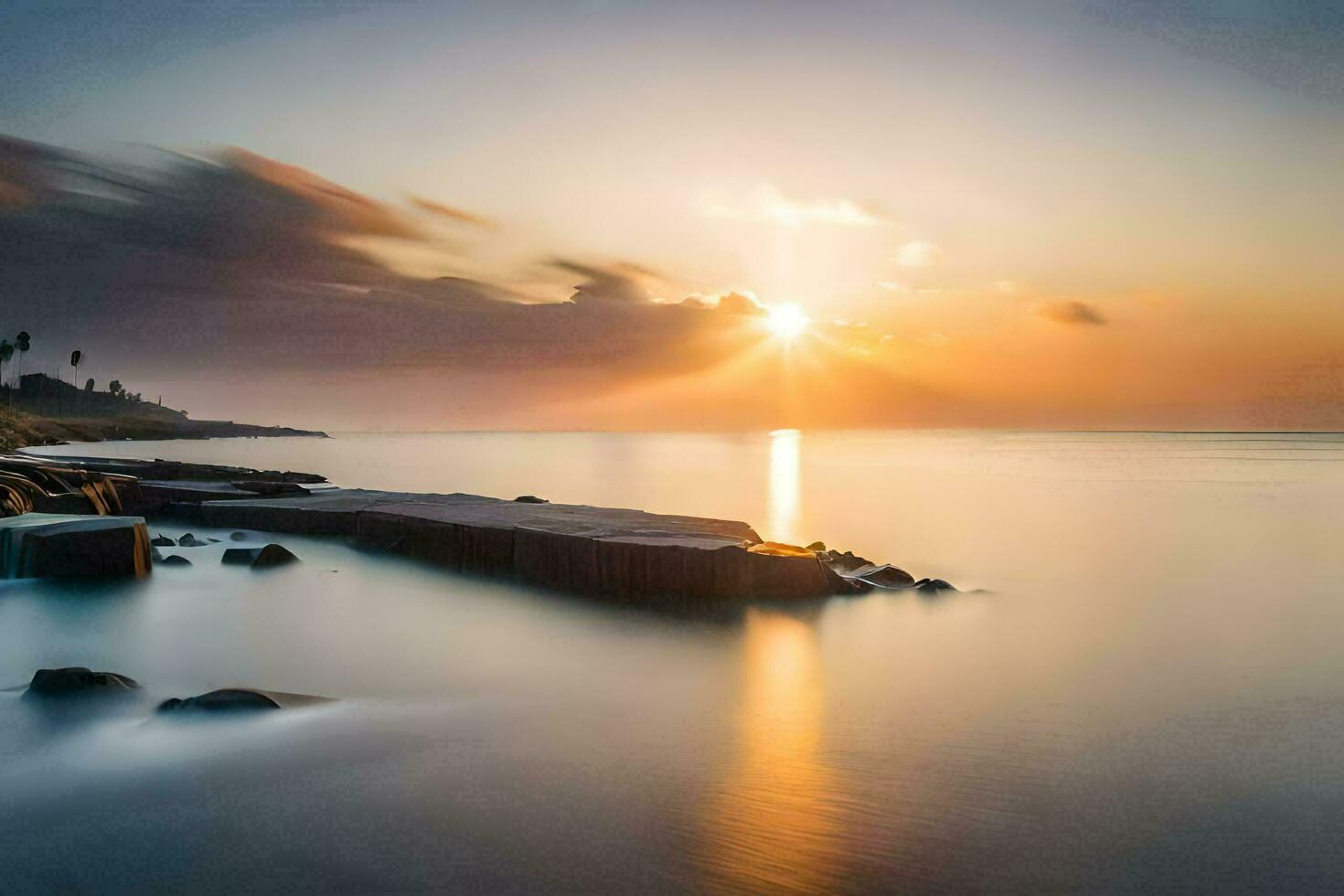 the sun rises over the ocean in this long exposure photograph. AI-Generated photo