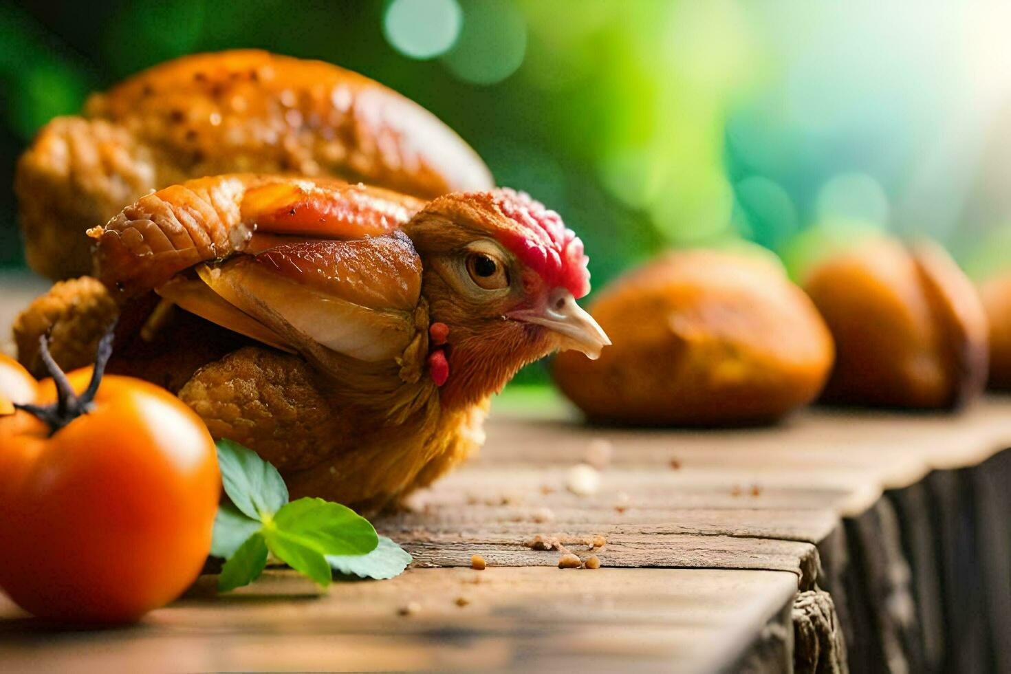 a chicken is sitting on top of a table with tomatoes. AI-Generated photo