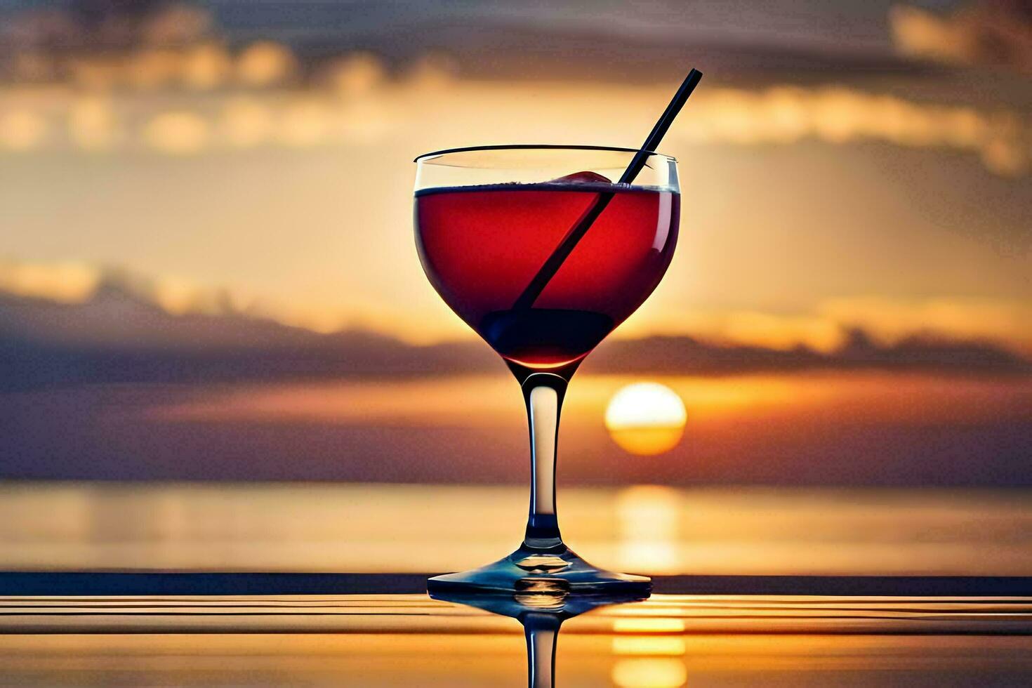 a glass of red wine with a straw on the beach at sunset. AI-Generated photo