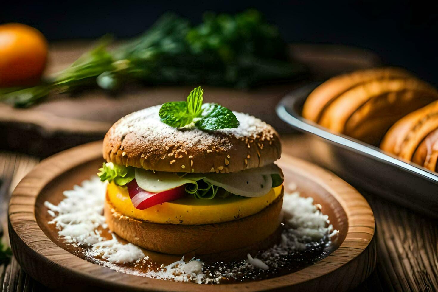 a hamburger with cheese, lettuce and tomato on a wooden plate. AI-Generated photo