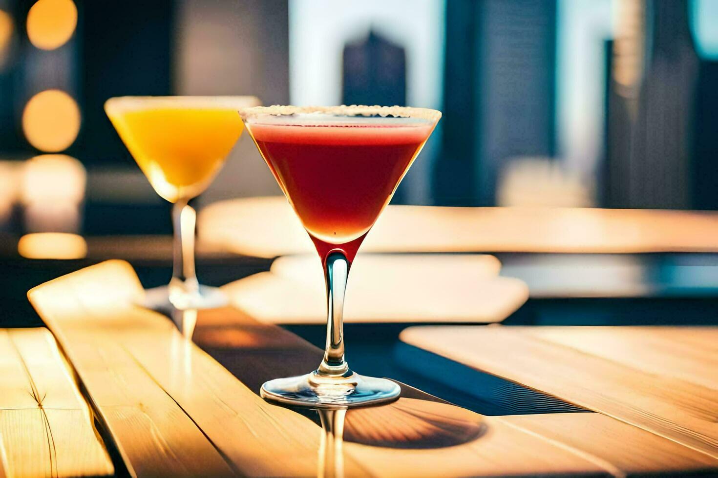 two cocktails sit on a table in front of a city skyline. AI-Generated photo