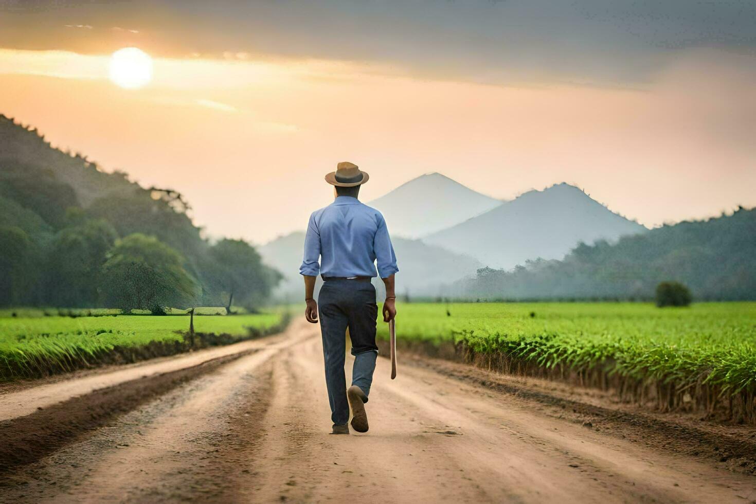 a man walking down a dirt road with a cane. AI-Generated photo