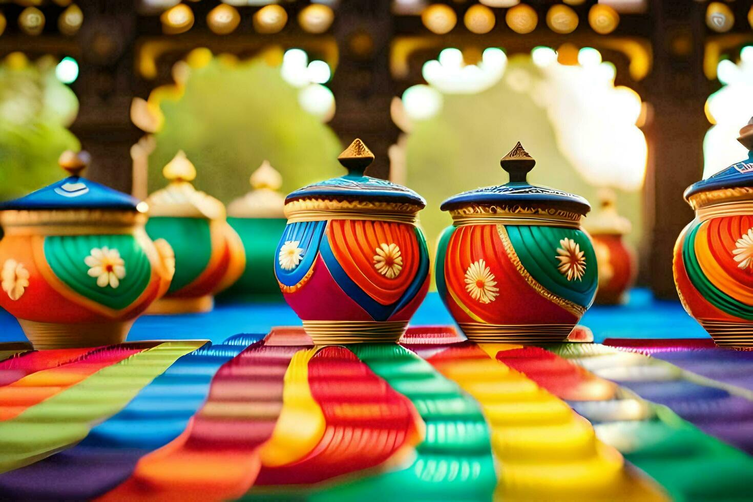 colorful pots on a colorful table. AI-Generated photo