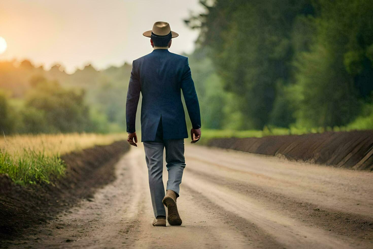 un hombre en un traje y sombrero camina abajo un suciedad la carretera. generado por ai foto