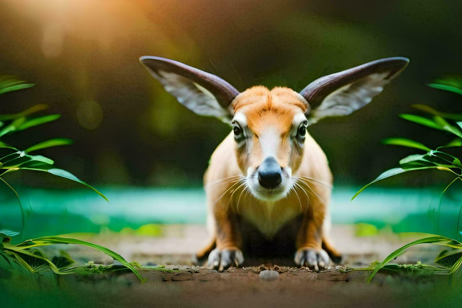 a small deer with big ears sitting on the ground. AI-Generated photo