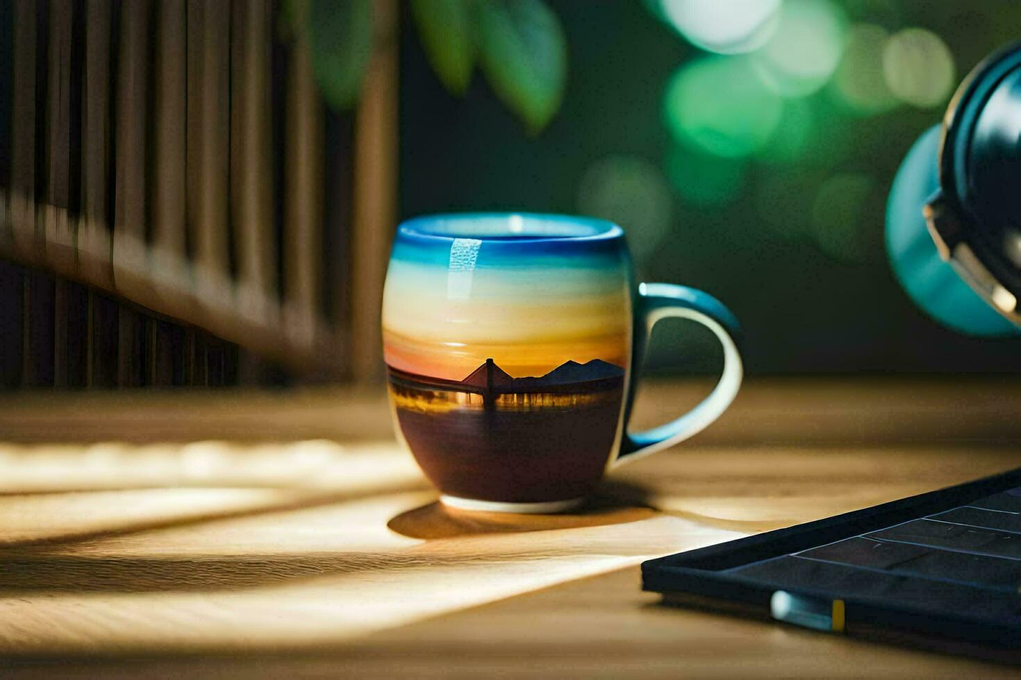a coffee cup sitting on a table next to a laptop. AI-Generated photo