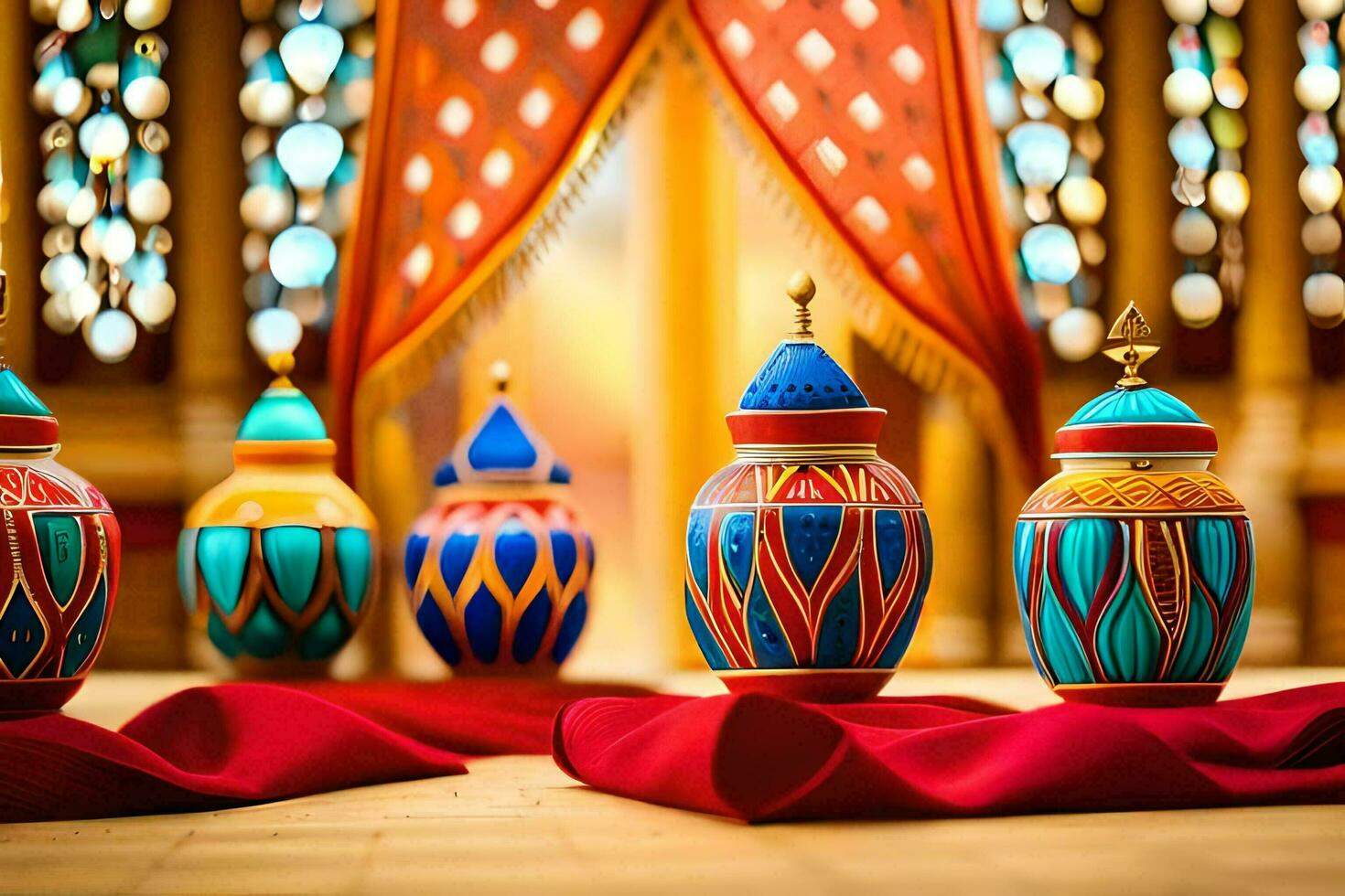 colorful vases on red cloth in front of a curtain. AI-Generated photo