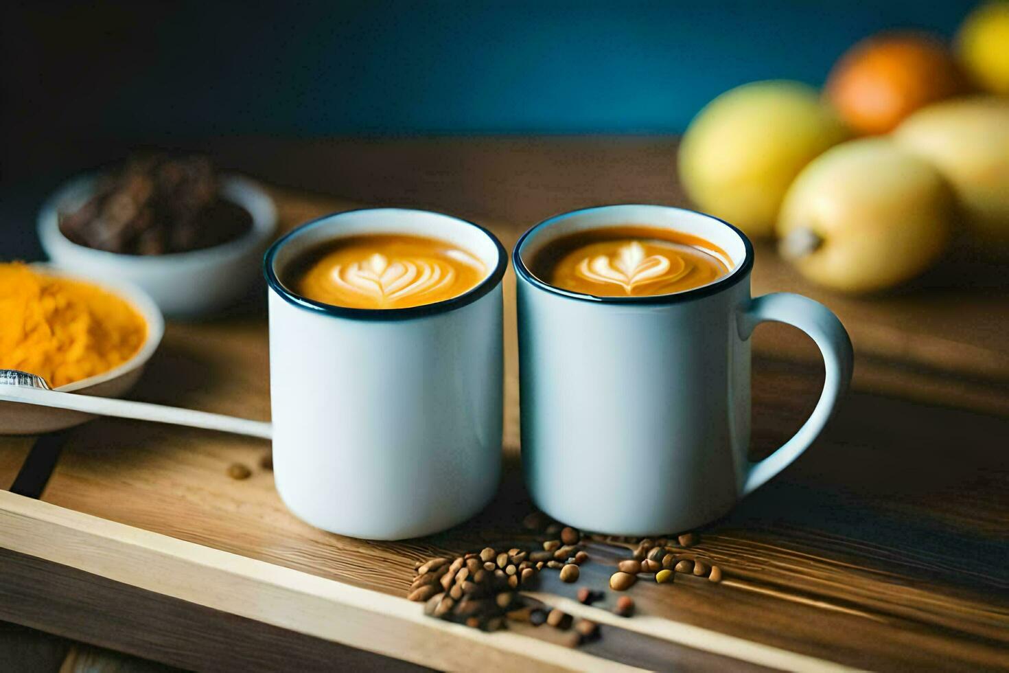 Dos Tazas De Capuchino Con Latte Art Sobre Una Mesa De Madera Por