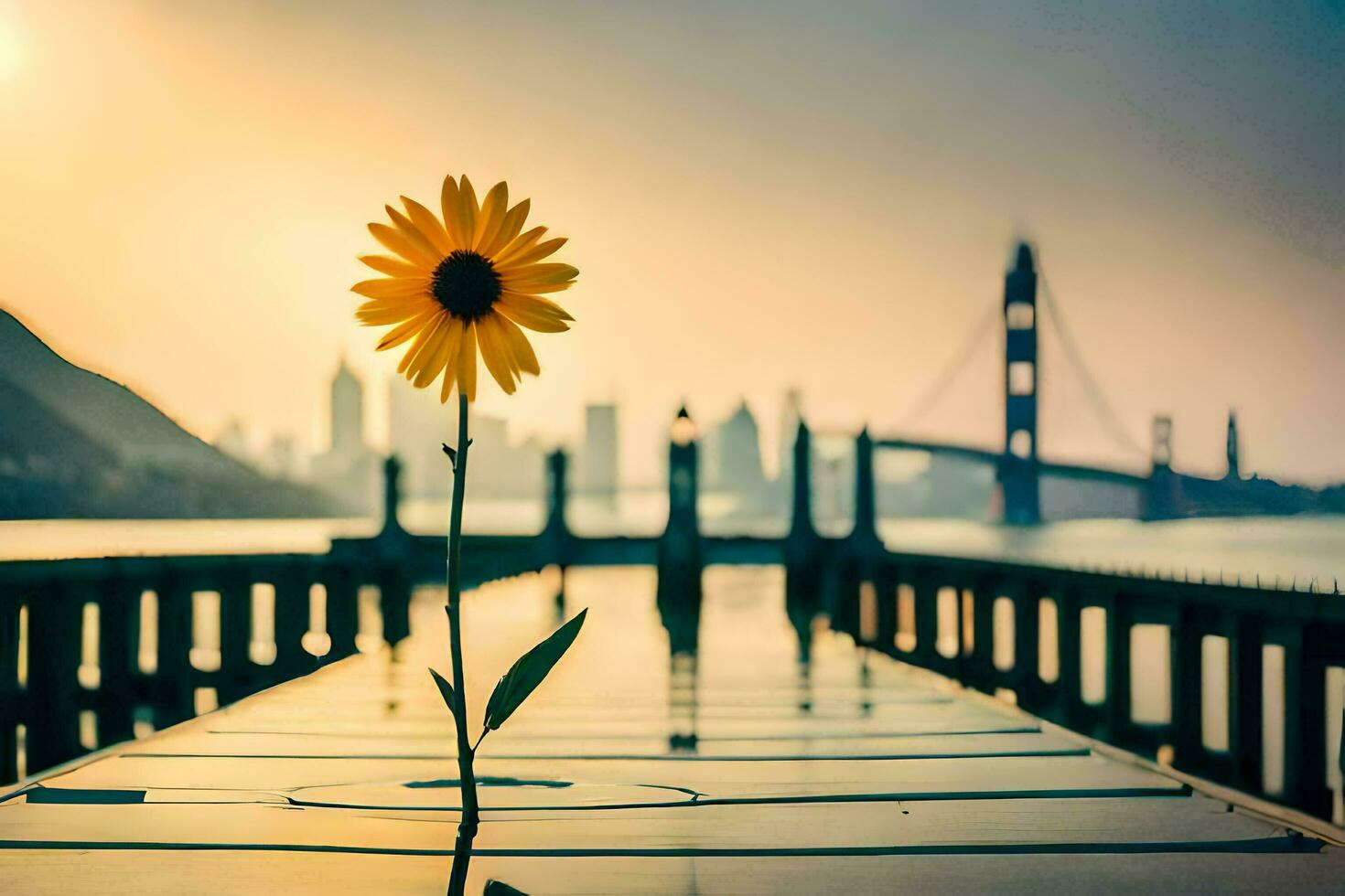 girasol en un muelle con un puente en el antecedentes. generado por ai foto