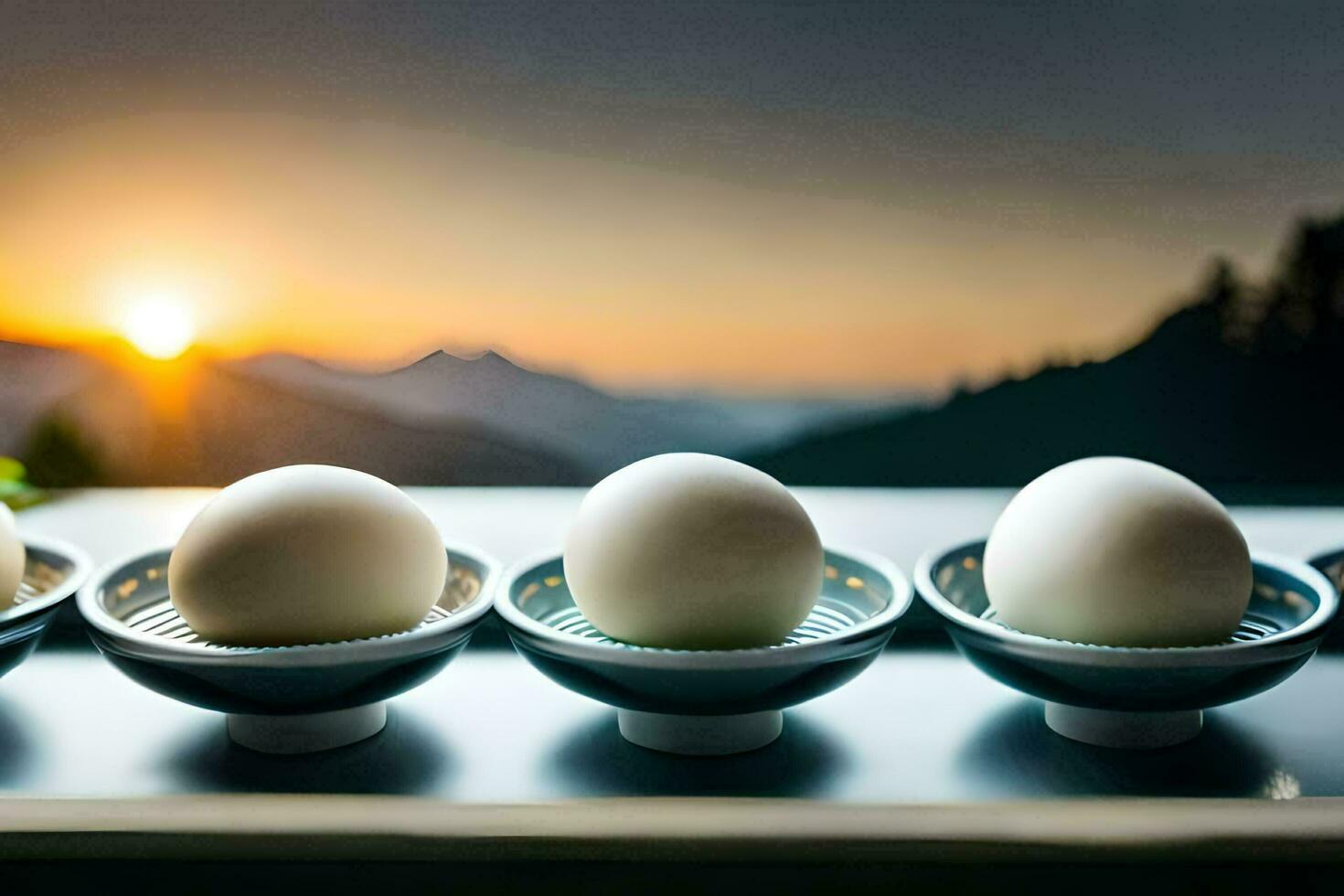 eggs in bowls on a table with mountains in the background. AI-Generated photo